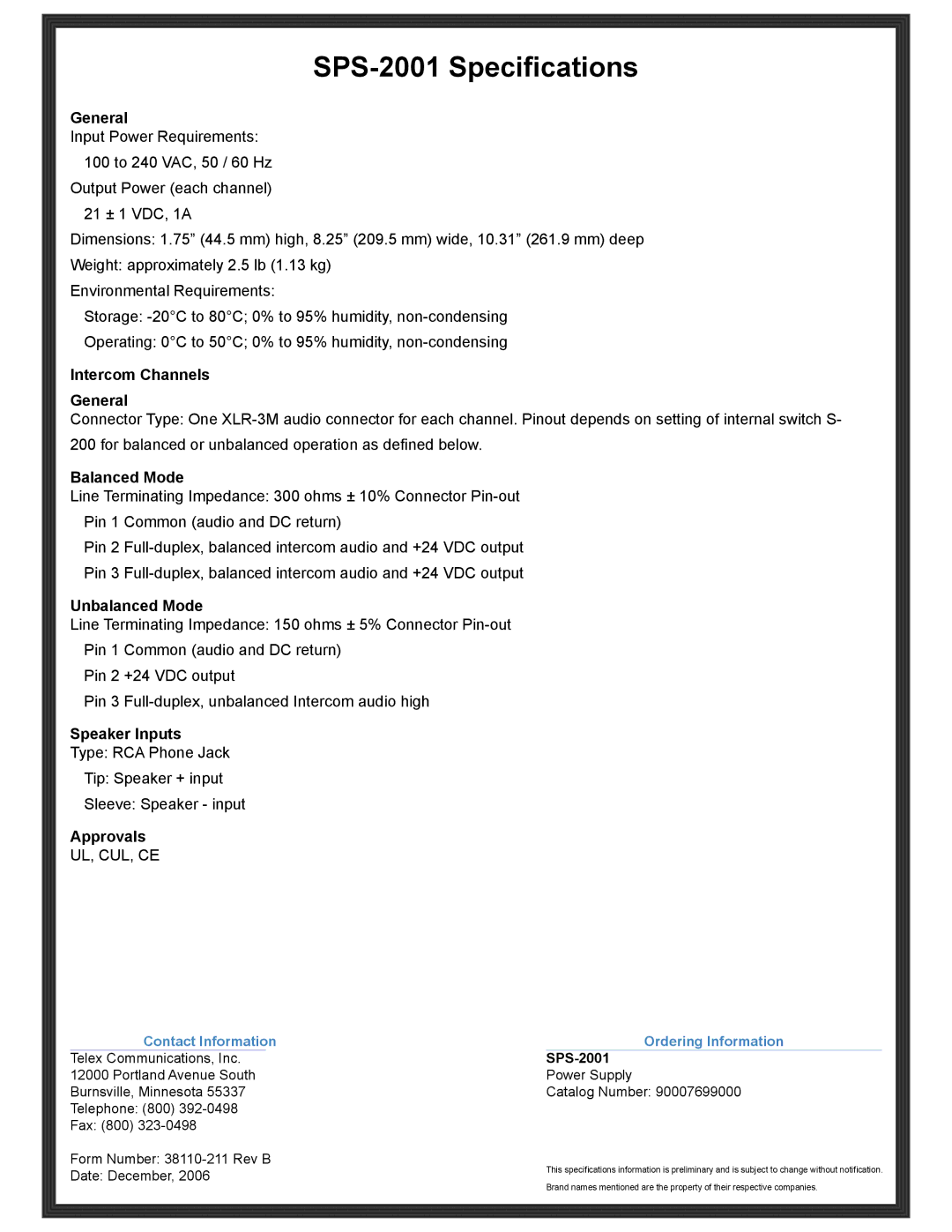 Telex manual SPS-2001 Specifications 