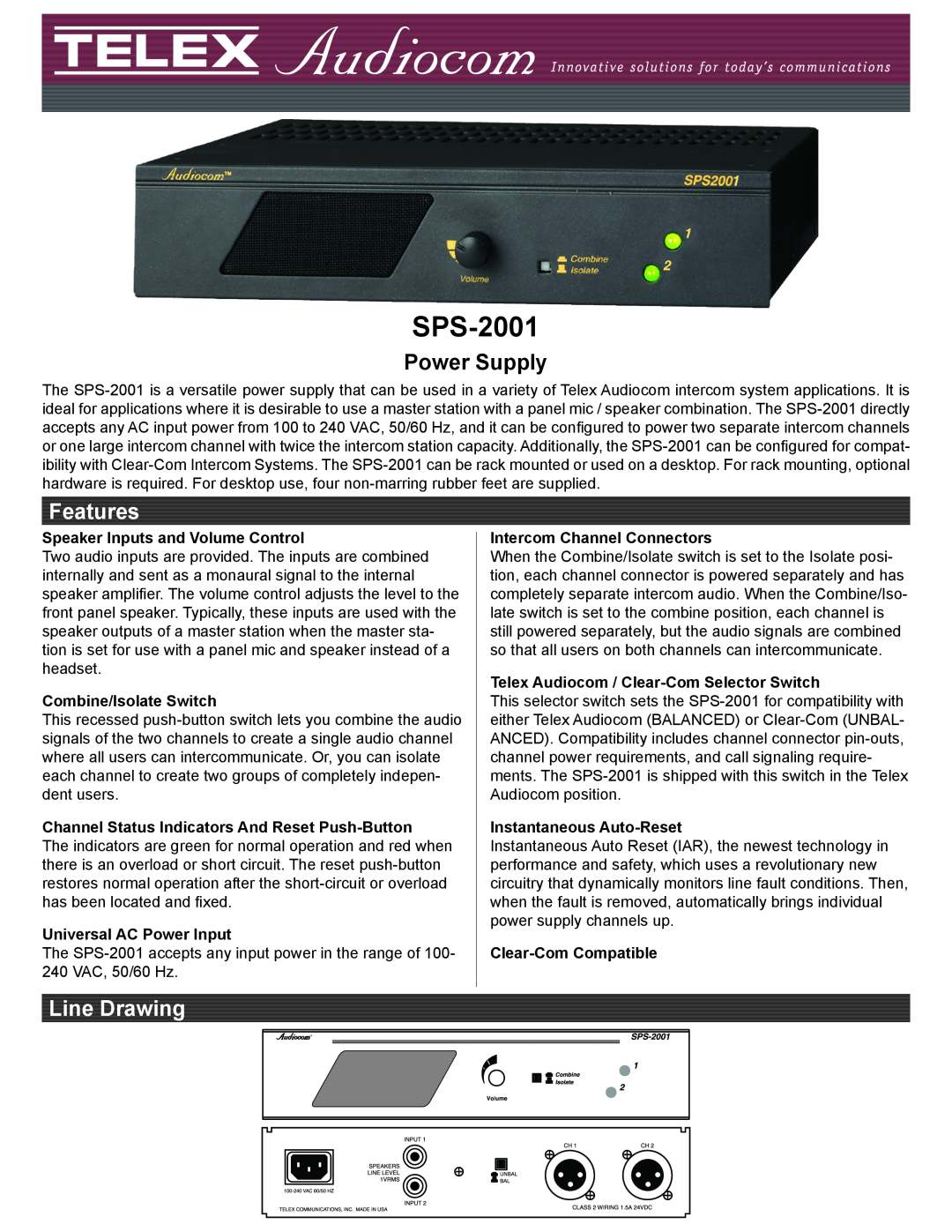 Telex SPS-2001 manual Speaker Inputs and Volume Control, Combine/Isolate Switch, Universal AC Power Input, Power Supply 
