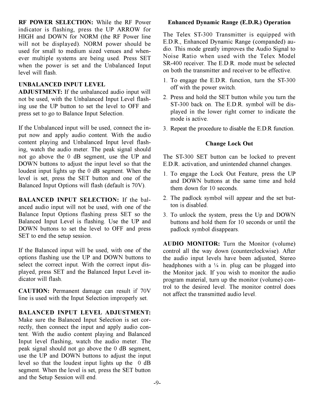 Telex ST300, SR-400, SR-50 operating instructions Change Lock Out 