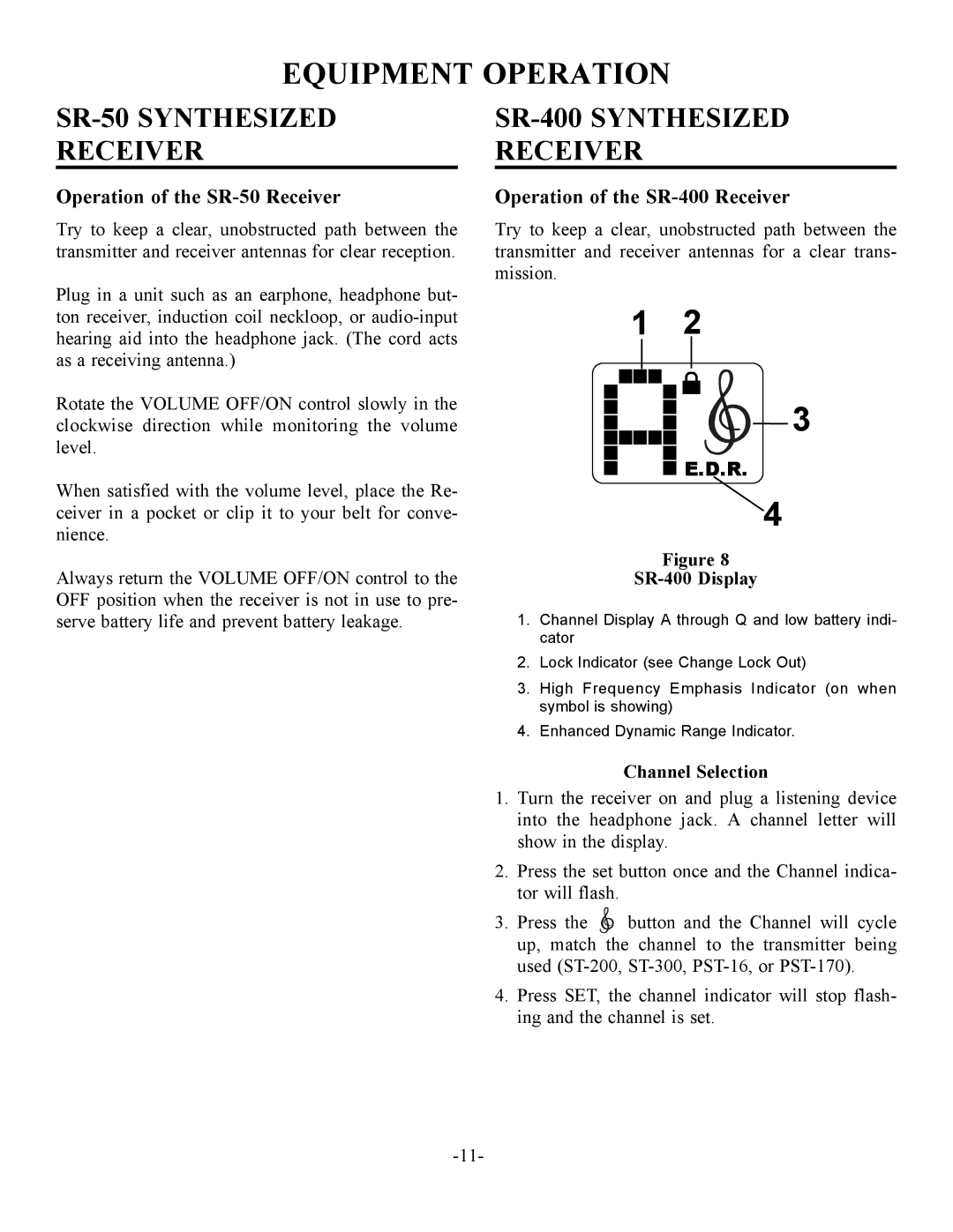 Telex SR-400, ST300 Equipment Operation, SR-50 Synthesized Receiver, Operation of the SR-50 Receiver 