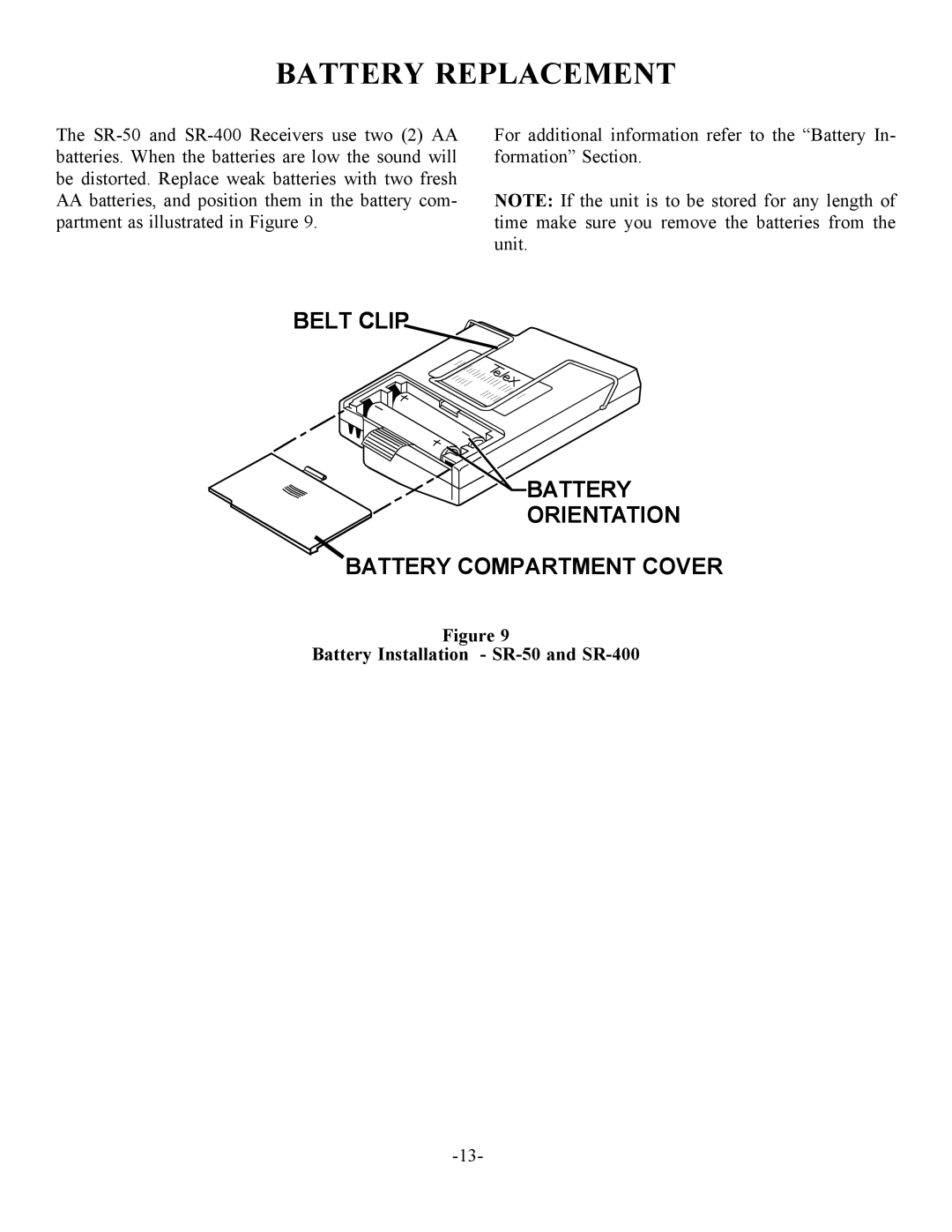 Telex ST300 operating instructions Battery Replacement, Battery Installation SR-50 and SR-400 