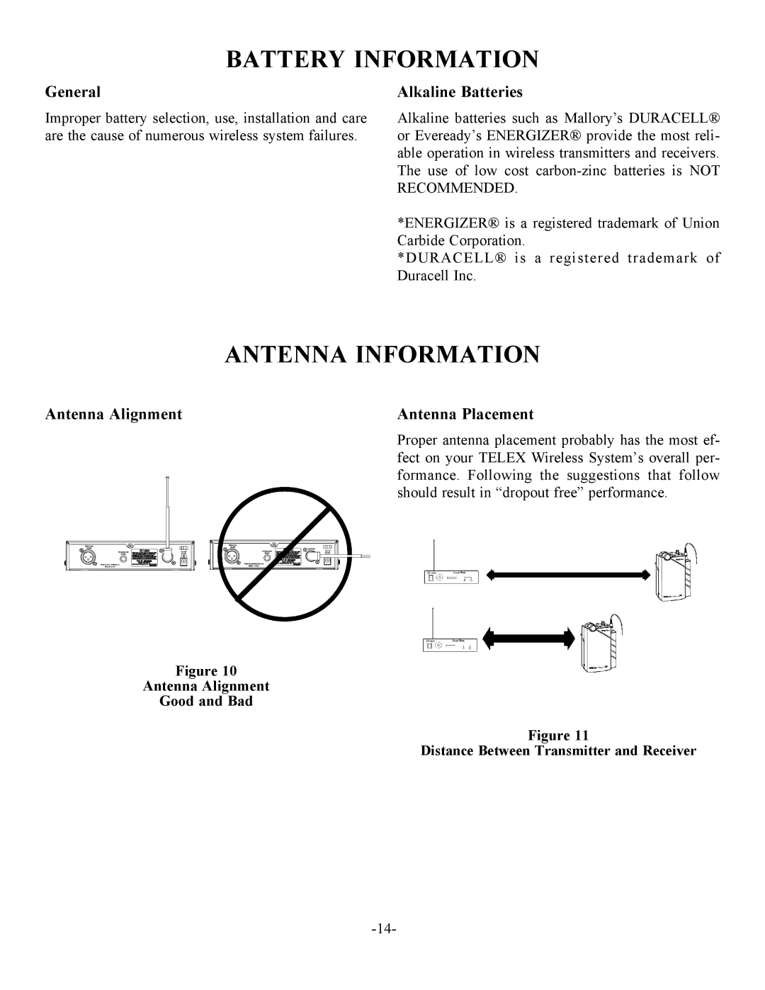 Telex SR-50 Battery Information, Antenna Information, General, Alkaline Batteries, Antenna Alignment Antenna Placement 