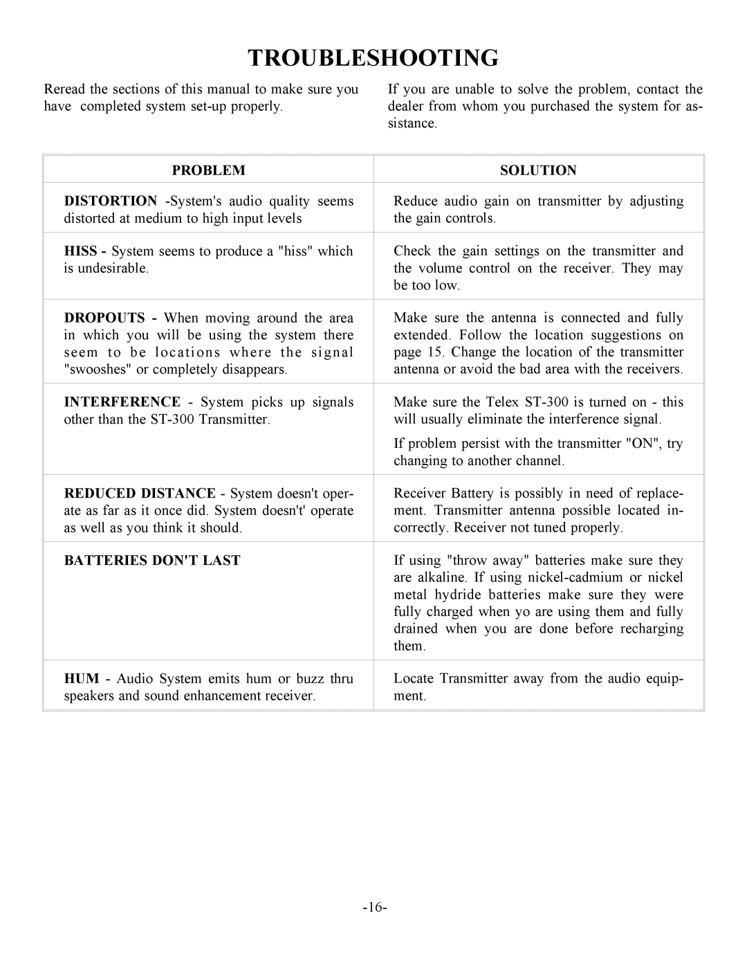 Telex SR-400, SR-50, ST300 operating instructions Troubleshooting, Problem Solution, Batteries Dont Last 