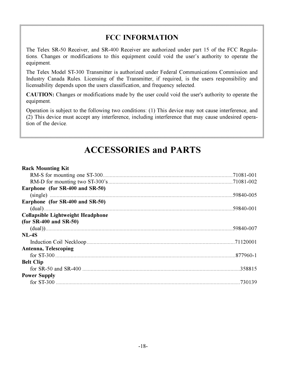 Telex ST300, SR-400, SR-50 operating instructions NL-4S 