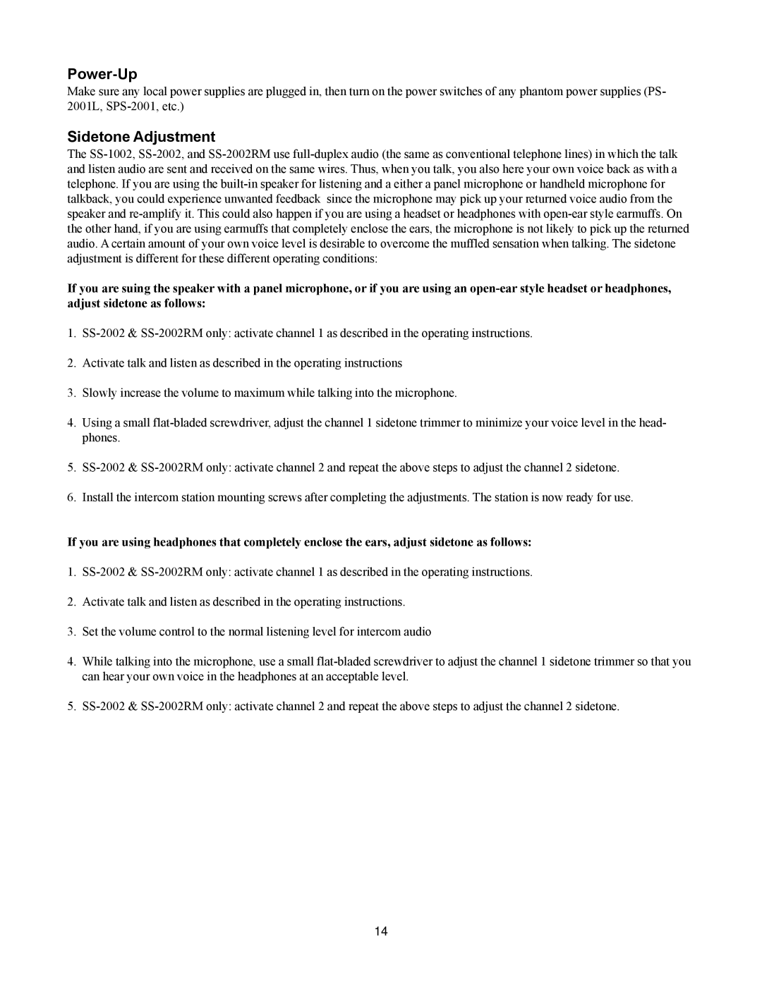 Telex SS-2002RM, SS-1002 manual Power-Up, Sidetone Adjustment 