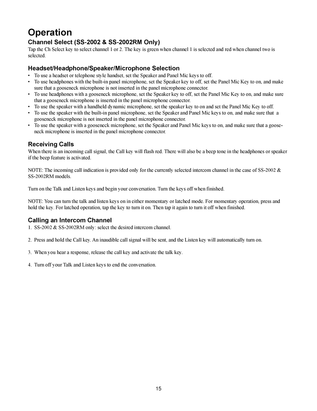 Telex SS-1002 manual Operation, Channel Select SS-2002 & SS-2002RM Only, Headset/Headphone/Speaker/Microphone Selection 