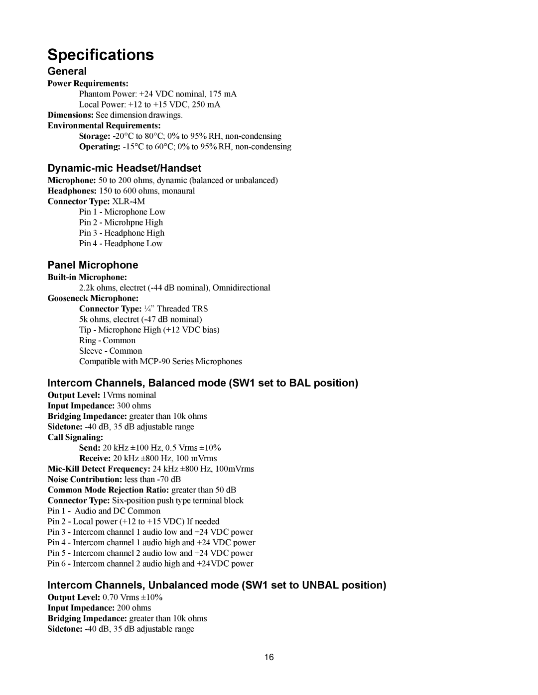 Telex SS-1002, SS-2002RM manual Specifications, General, Dynamic-mic Headset/Handset, Panel Microphone 