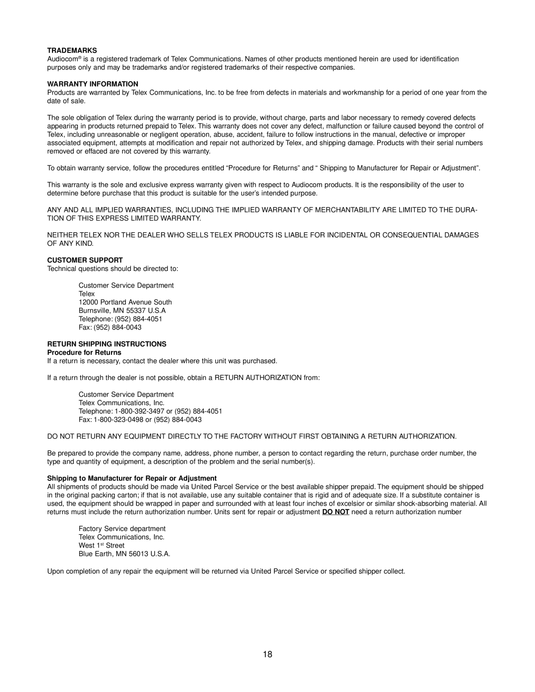 Telex SS-1002, SS-2002RM manual Trademarks 