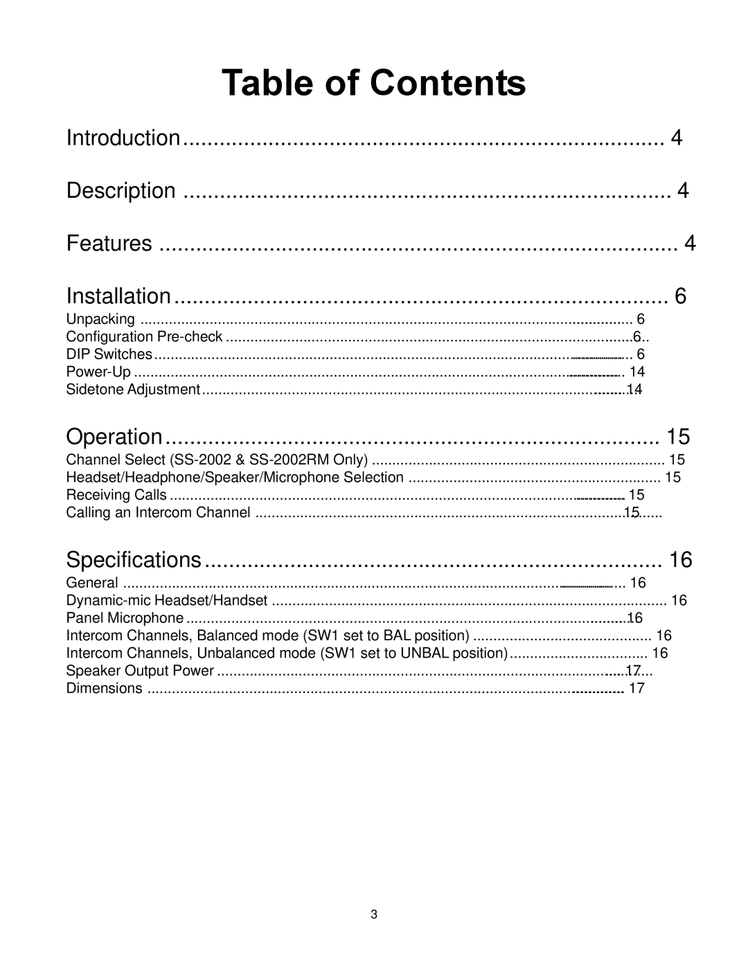 Telex SS-1002, SS-2002RM manual Table of Contents 