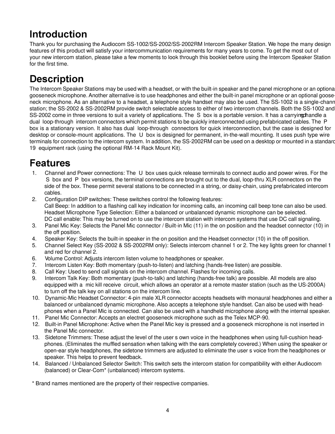 Telex SS-1002, SS-2002RM manual Introduction, Description, Features 