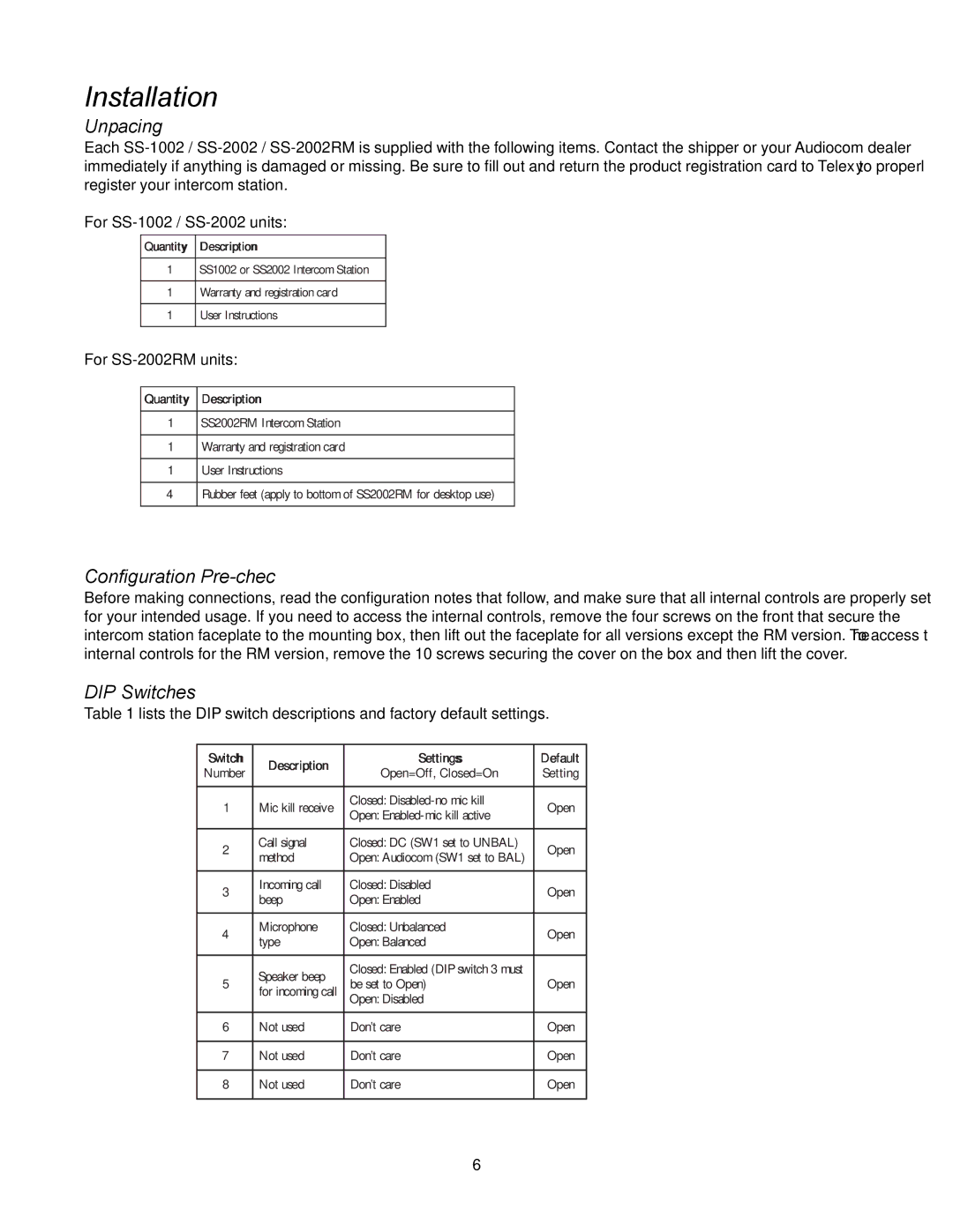 Telex SS-1002, SS-2002RM manual Installation, Unpacking, Configuration Pre-check, DIP Switches 