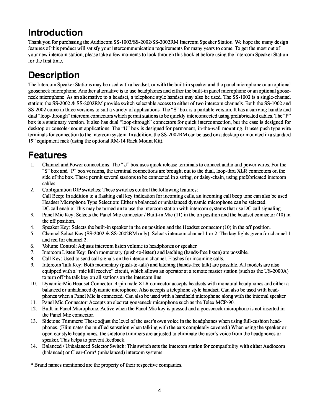 Telex SS-1002, SS-2002RM manual Introduction, Description, Features 