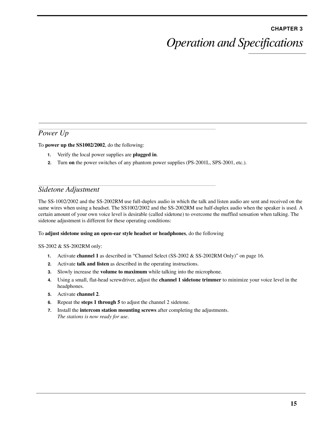 Telex SS-1002 Operation and Specifications, Power Up, Sidetone Adjustment, To power up the SS1002/2002, do the following 