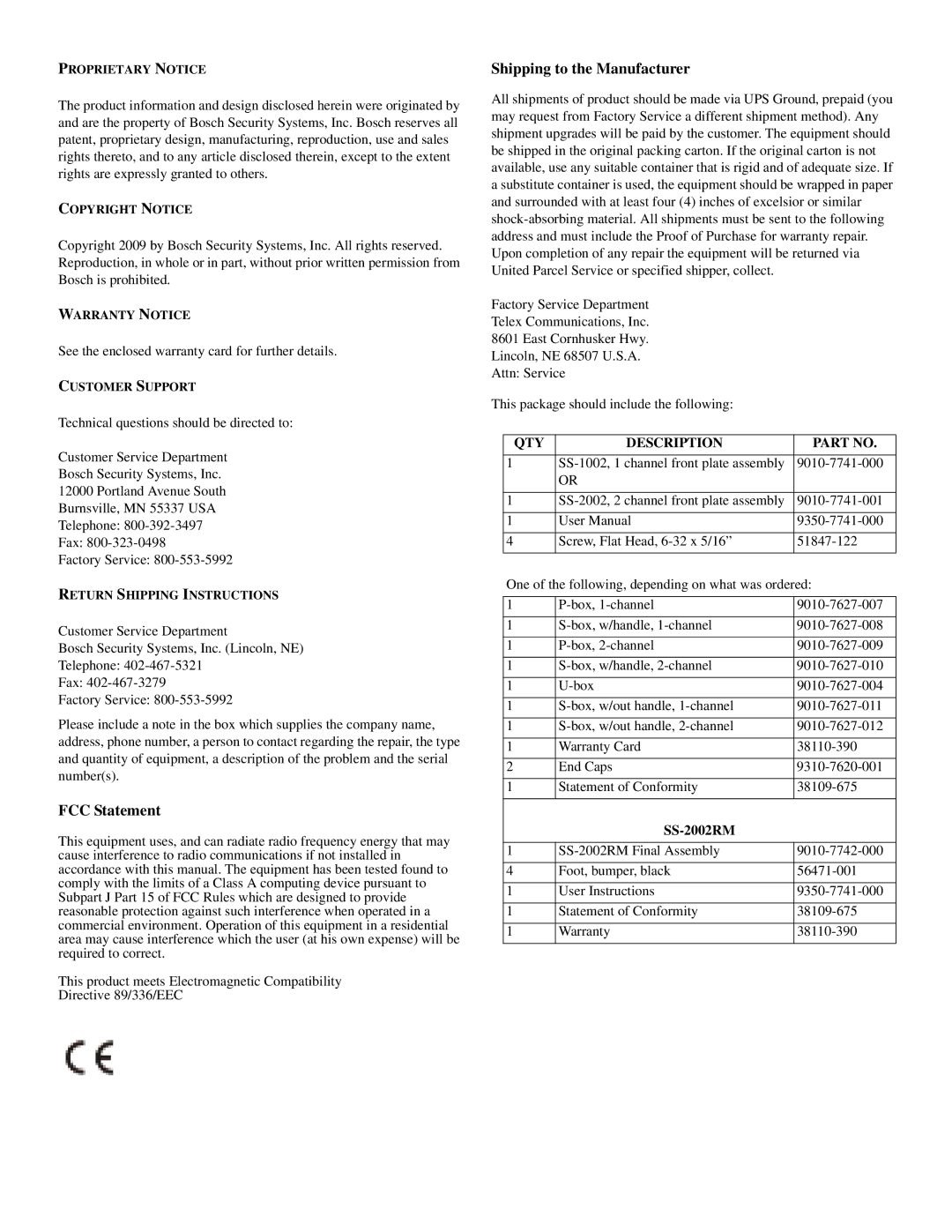 Telex SS-1002 technical manual FCC Statement, Shipping to the Manufacturer 