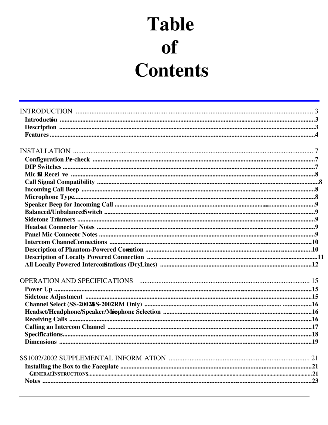 Telex SS-1002 technical manual Contents 