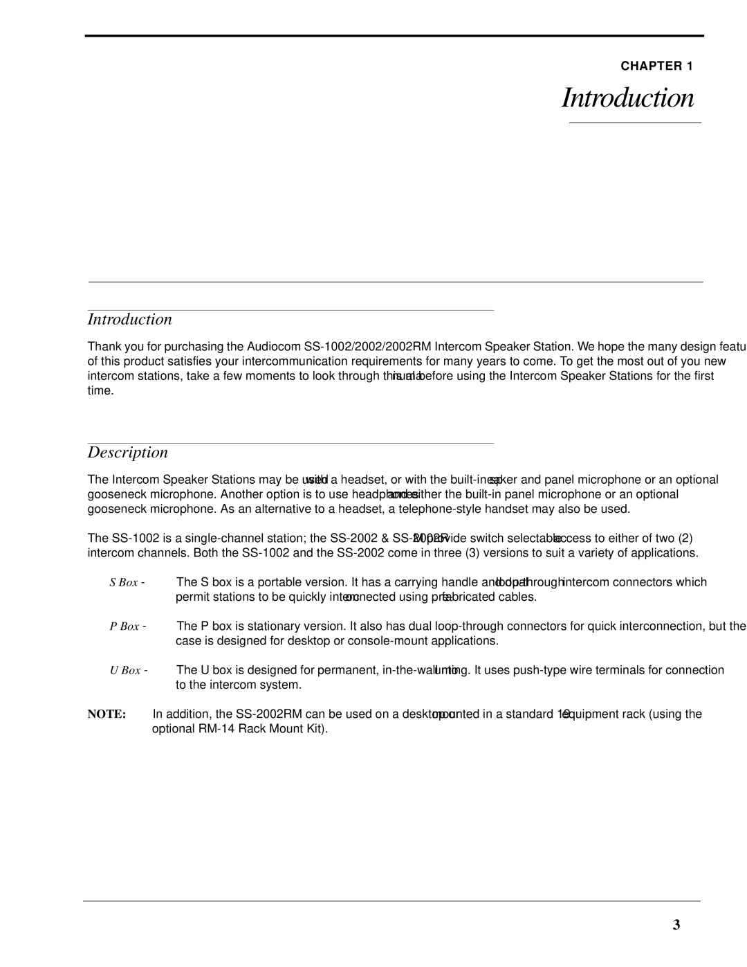 Telex SS-1002 technical manual Introduction, Description 