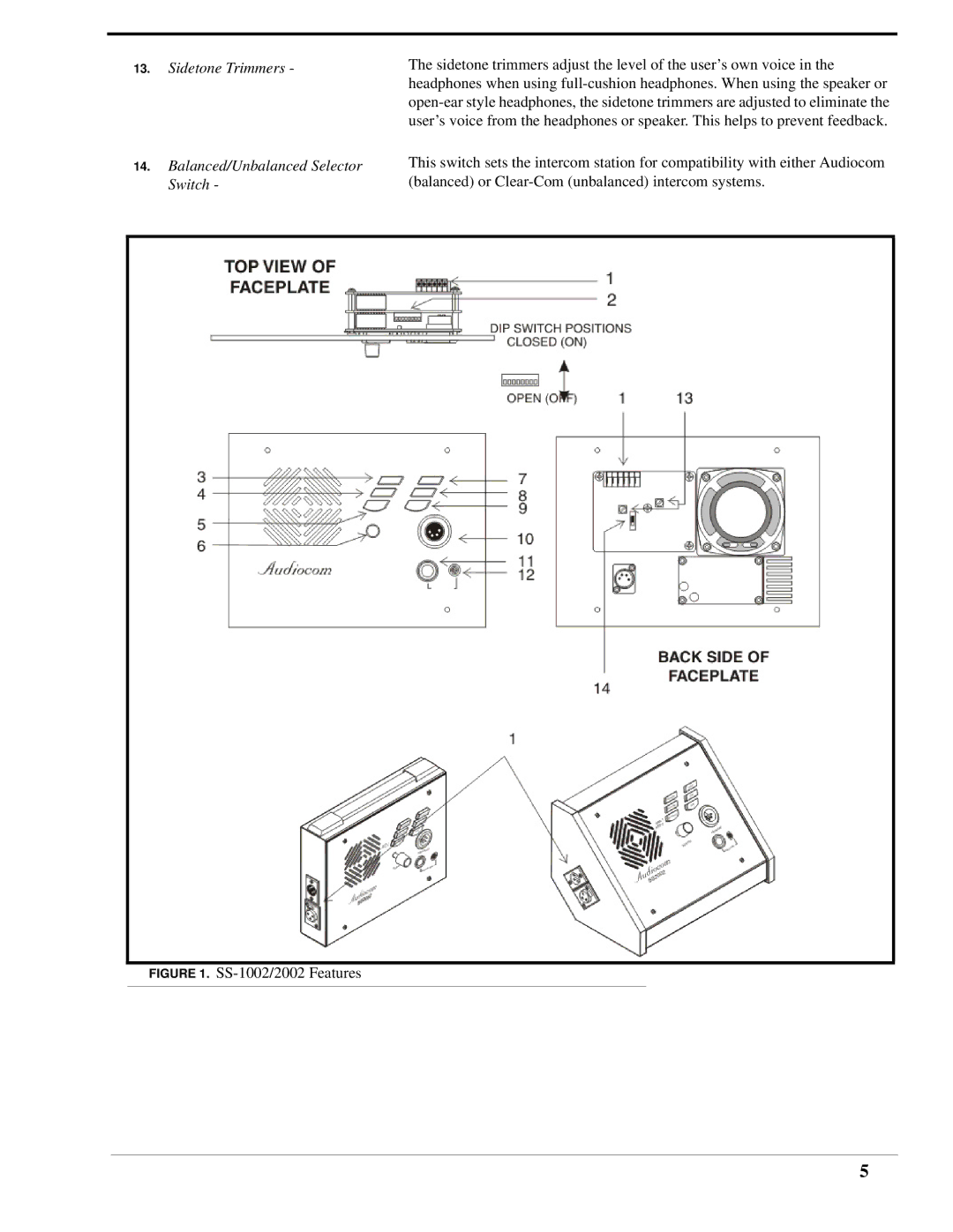 Telex SS-1002 technical manual Sidetone Trimmers Balanced/Unbalanced Selector Switch 