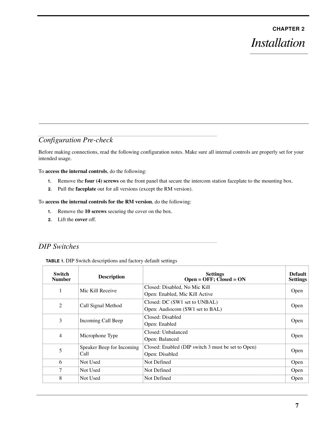 Telex SS-1002 Installation, Configuration Pre-check, DIP Switches, To access the internal controls, do the following 