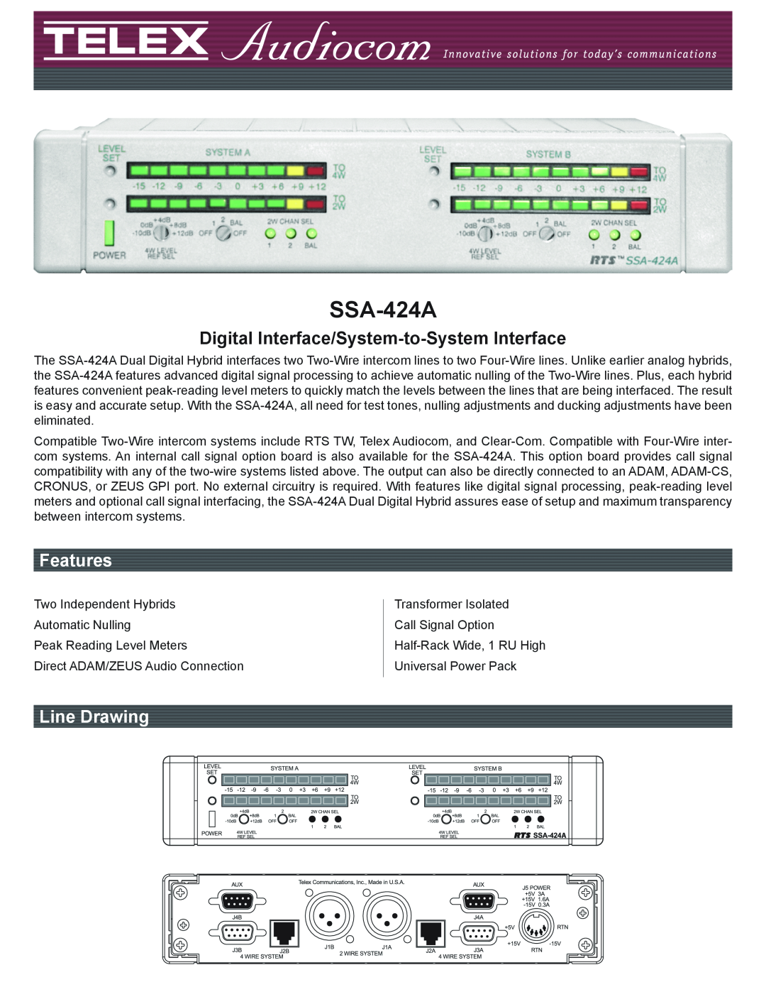 Telex SSA-424A manual Digital Interface/System-to-System Interface, Features, Line Drawing 