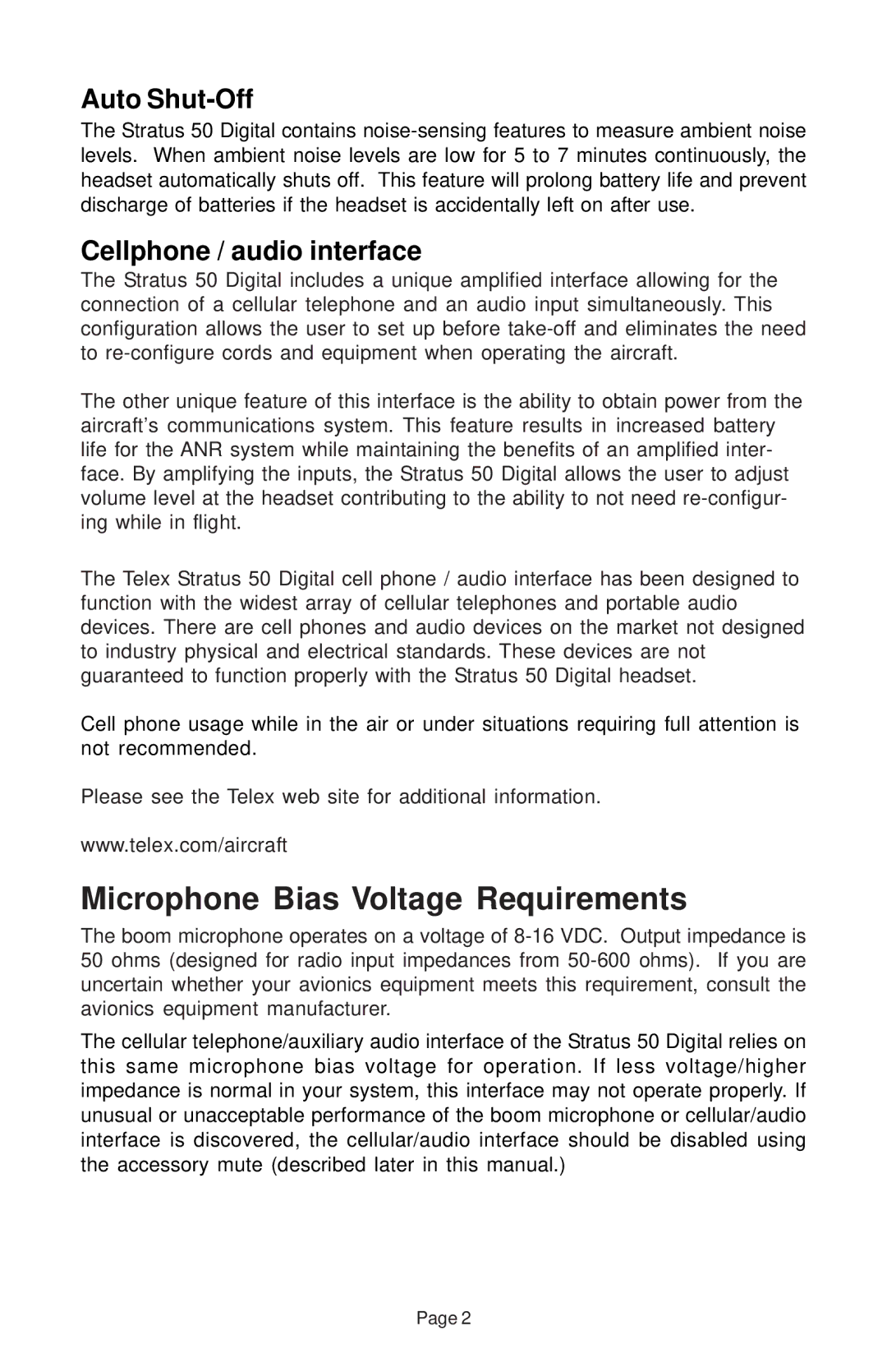 Telex Stratus 50 manual Microphone Bias Voltage Requirements, Auto Shut-Off 