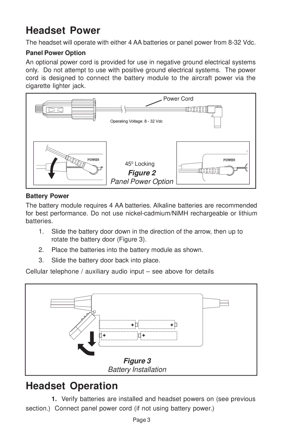 Telex Stratus 50 manual Headset Power, Headset Operation 