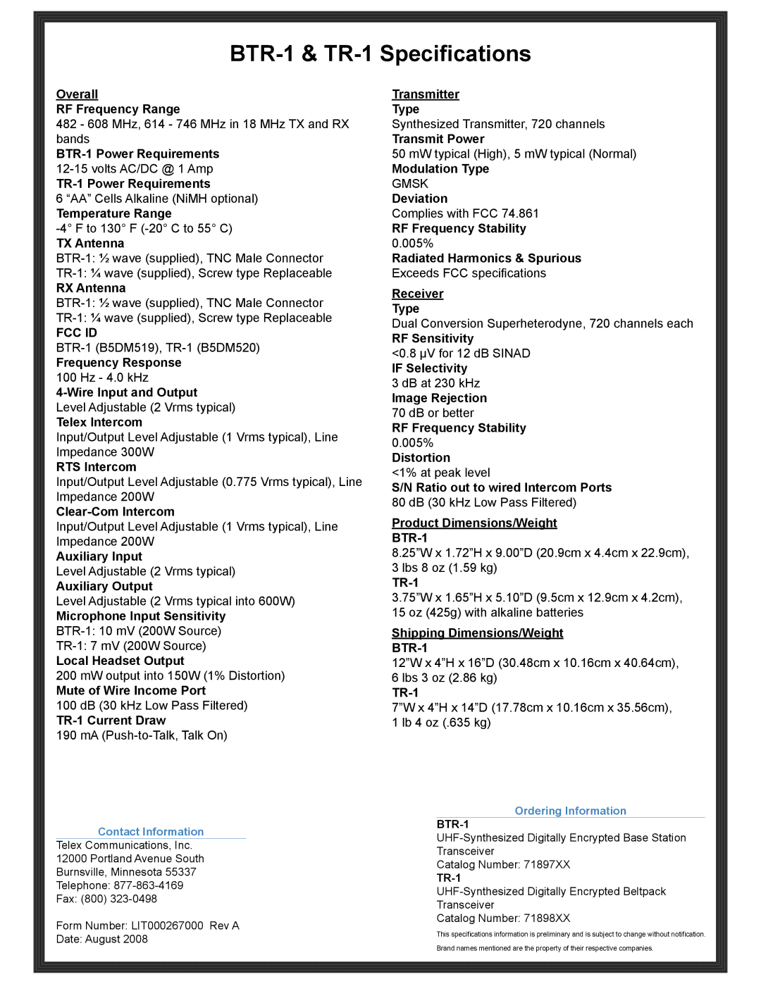 Telex manual BTR-1 & TR-1 Specifications, Fcc Id 