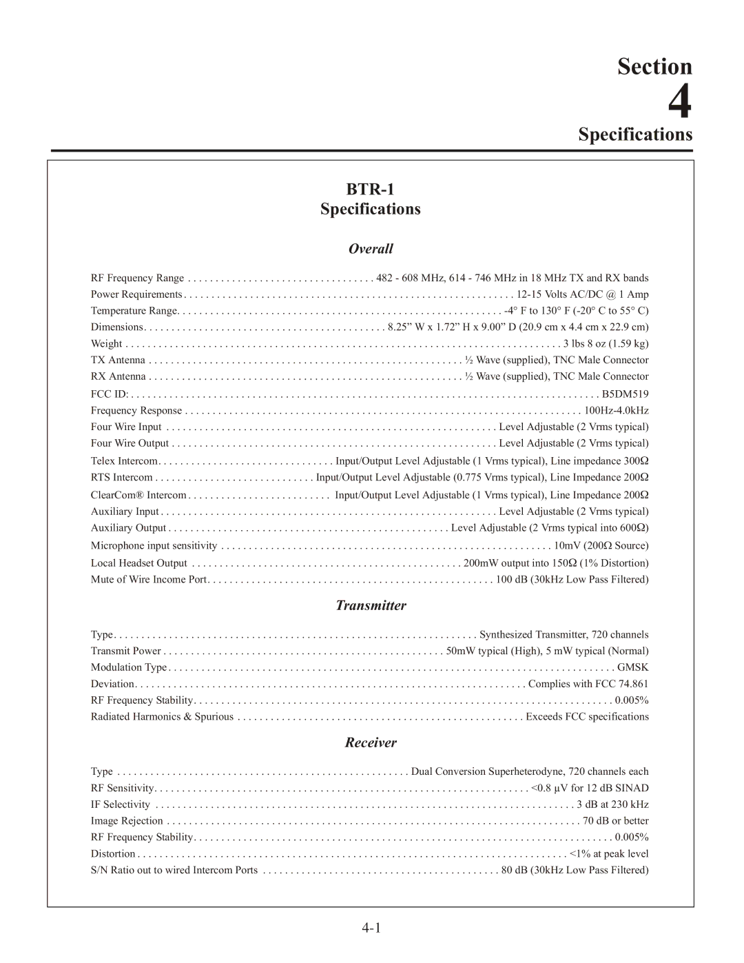 Telex operating instructions Specifications, BTR-1 