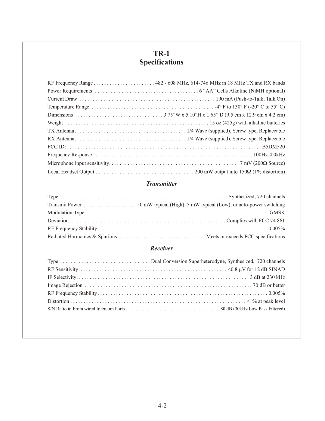 Telex BTR-1 operating instructions TR-1 Specifications 