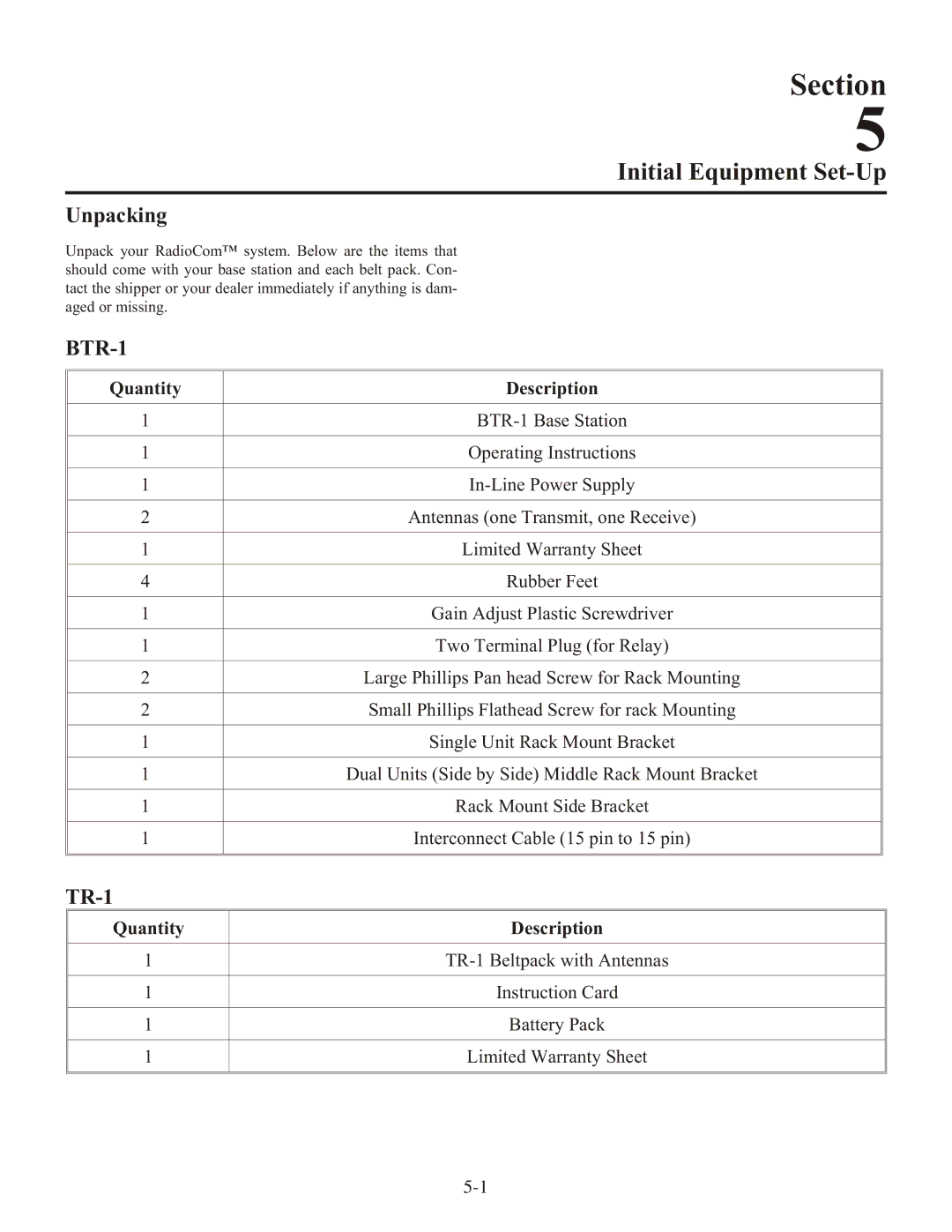 Telex BTR-1 operating instructions Initial Equipment Set-Up, Unpacking, Quantity Description 