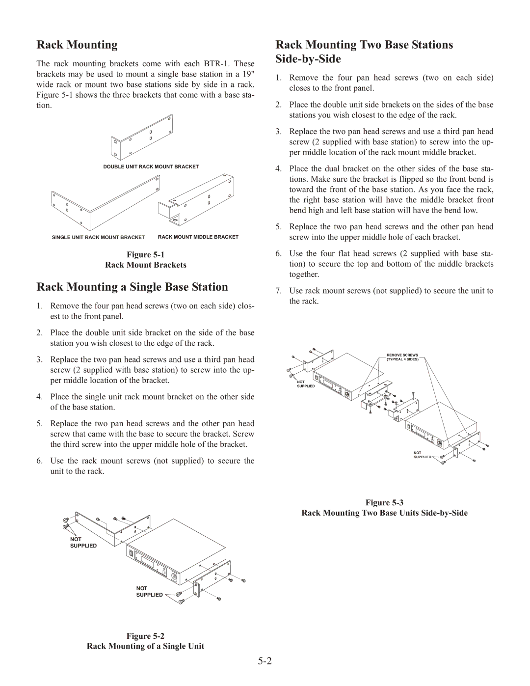 Telex BTR-1 operating instructions Rack Mounting a Single Base Station, Rack Mounting Two Base Stations Side-by-Side 