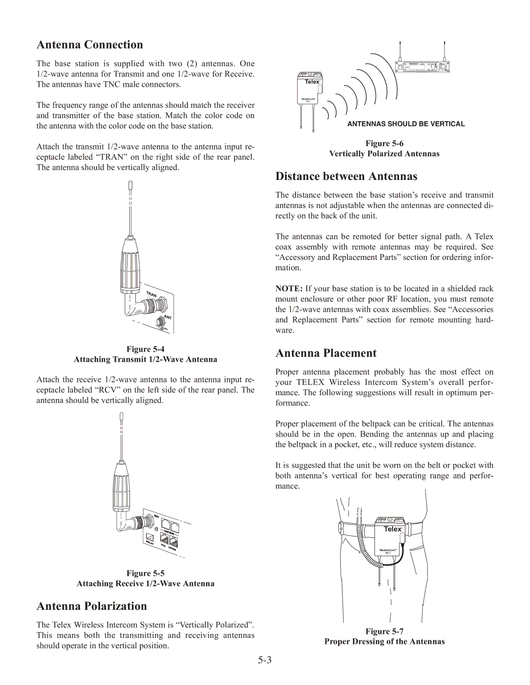 Telex BTR-1 Antenna Connection, Antenna Polarization, Distance between Antennas, Antenna Placement 