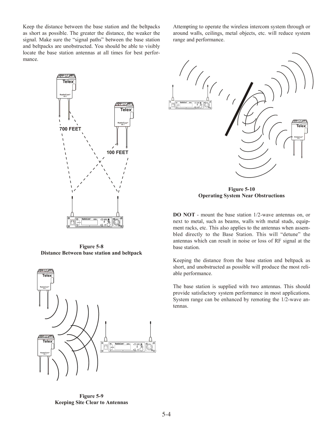 Telex BTR-1 Distance Between base station and beltpack, Operating System Near Obstructions, Keeping Site Clear to Antennas 