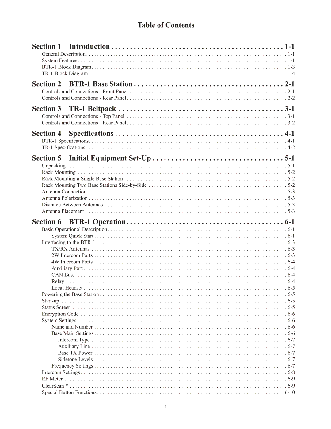 Telex Table of Contents Introduction, BTR-1 Base Station, TR-1 Beltpack, Specifications, Initial Equipment Set-Up 