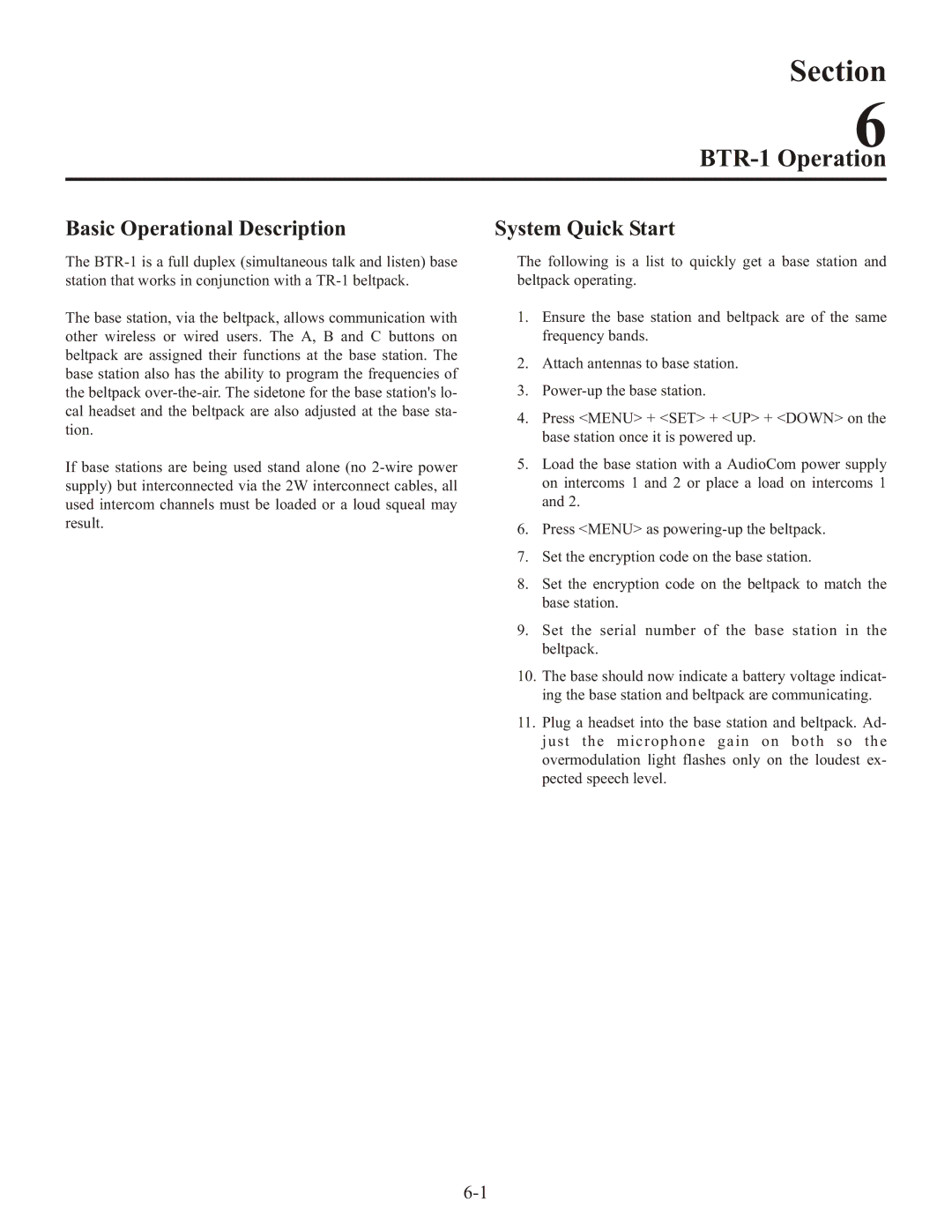 Telex operating instructions BTR-1 Operation, Basic Operational Description 