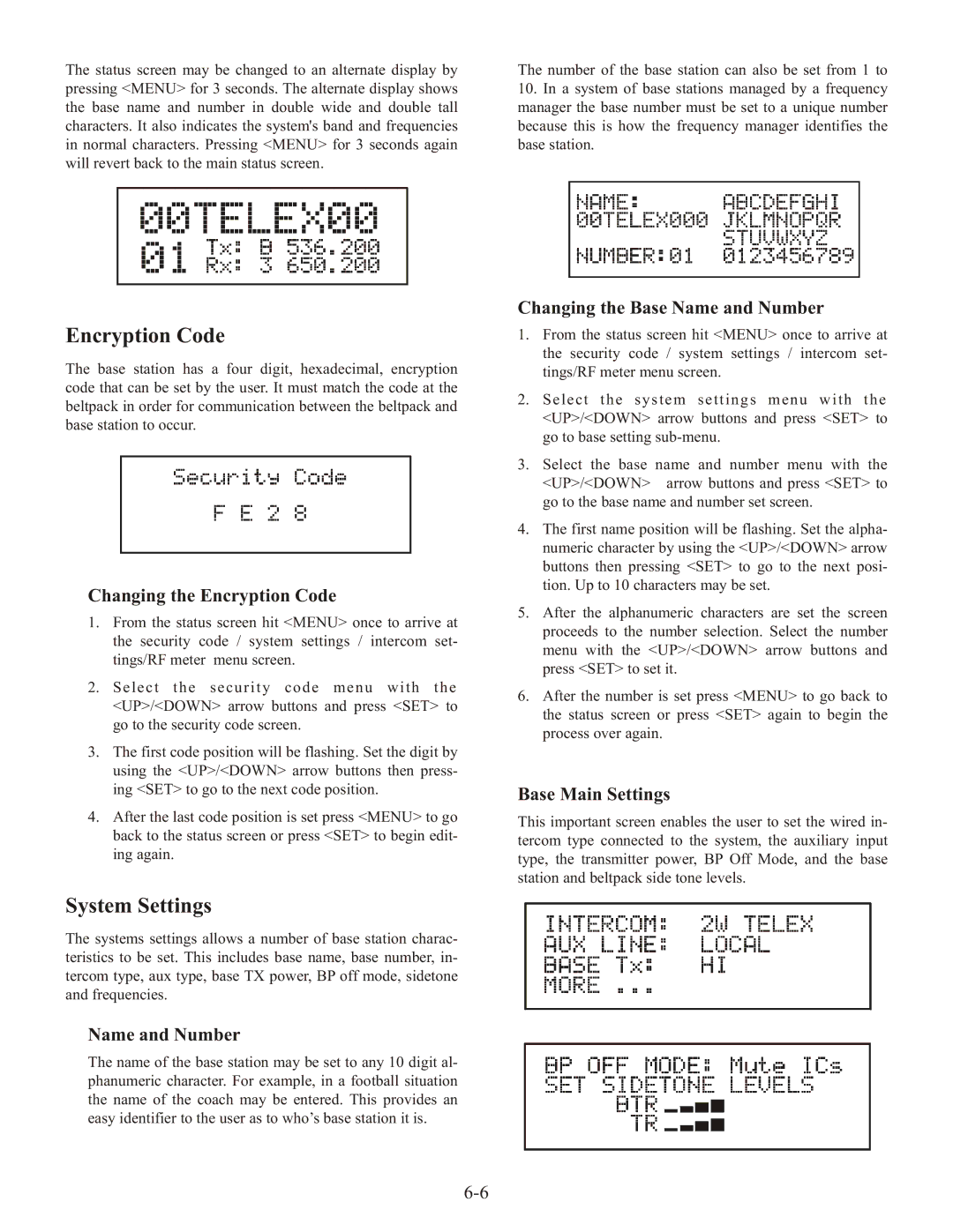 Telex BTR-1 operating instructions Encryption Code, System Settings 