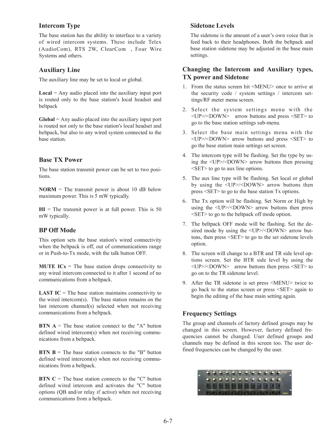 Telex BTR-1 Intercom Type, Auxiliary Line, Base TX Power, BP Off Mode, Sidetone Levels, Frequency Settings 