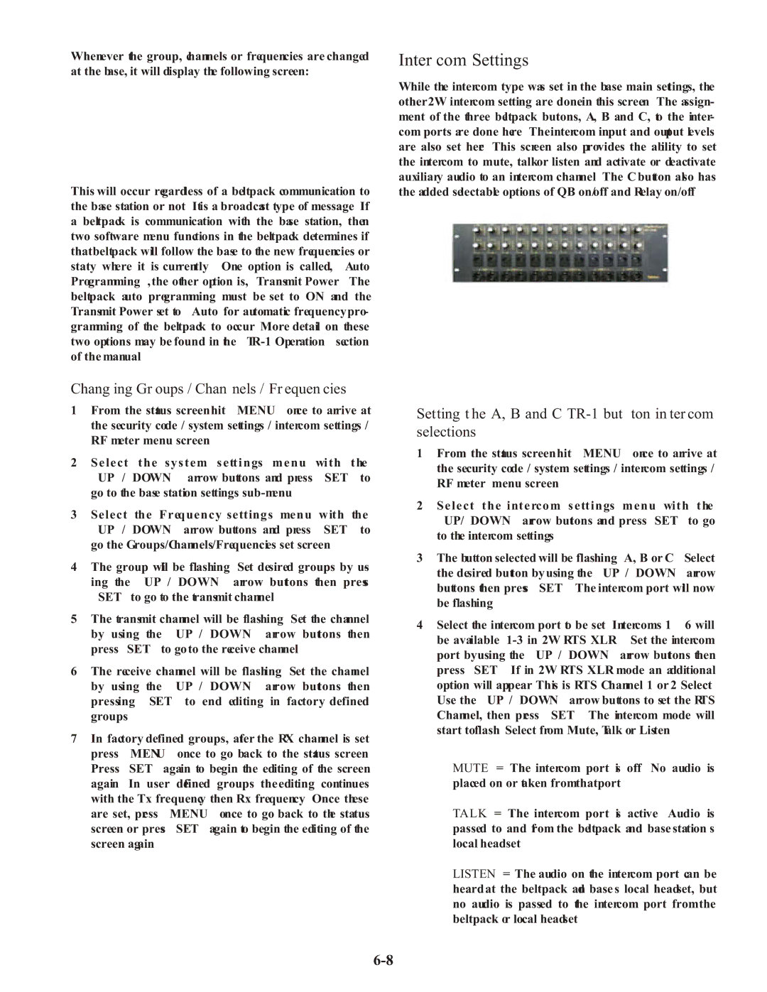 Telex BTR-1 operating instructions Intercom Settings, Changing Groups / Channels / Frequencies 