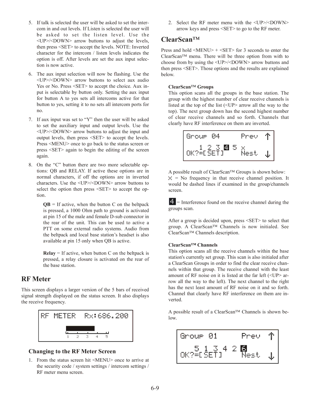 Telex BTR-1 operating instructions Changing to the RF Meter Screen, ClearScan Groups, ClearScan Channels 