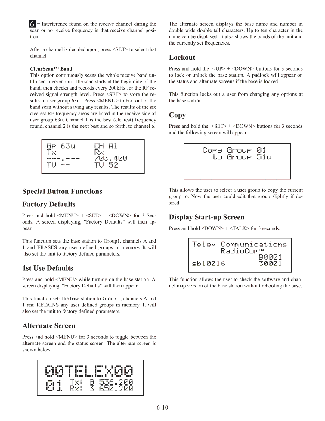 Telex BTR-1 Special Button Functions Factory Defaults, 1st Use Defaults, Alternate Screen, Lockout, Copy 