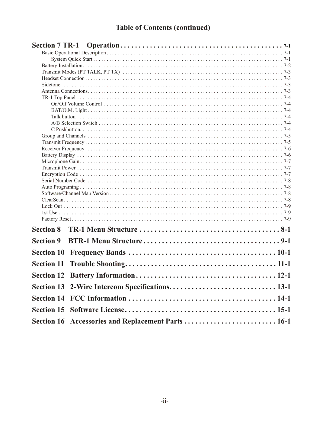 Telex BTR-1 operating instructions Table of Contents 