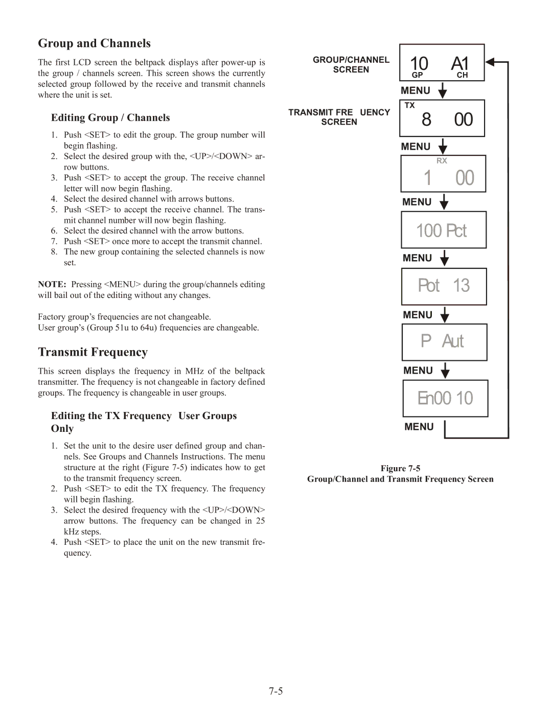 Telex TR-1 Group and Channels, Transmit Frequency, Editing Group / Channels, Editing the TX Frequency User Groups Only 