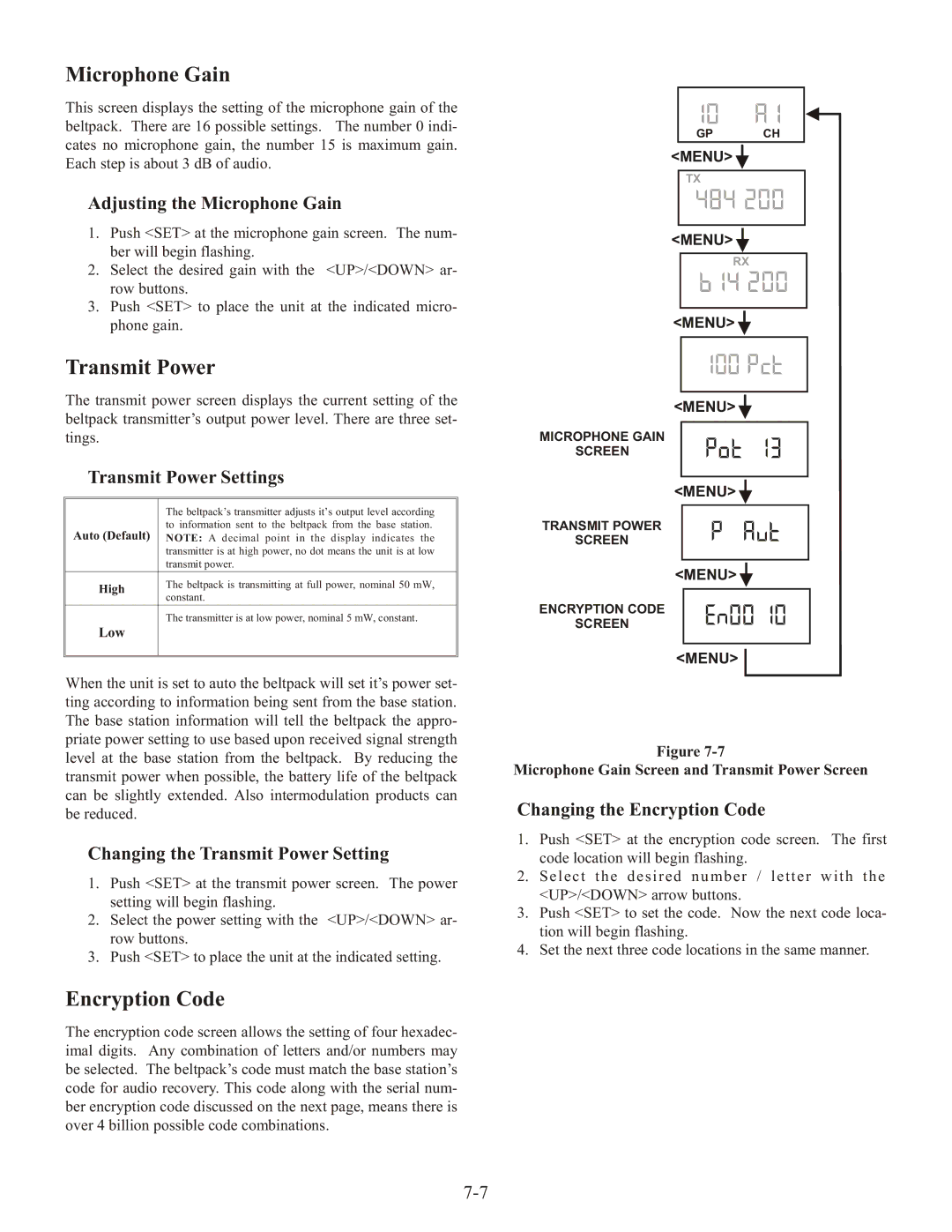 Telex BTR-1 Adjusting the Microphone Gain, Transmit Power Settings, Changing the Transmit Power Setting 