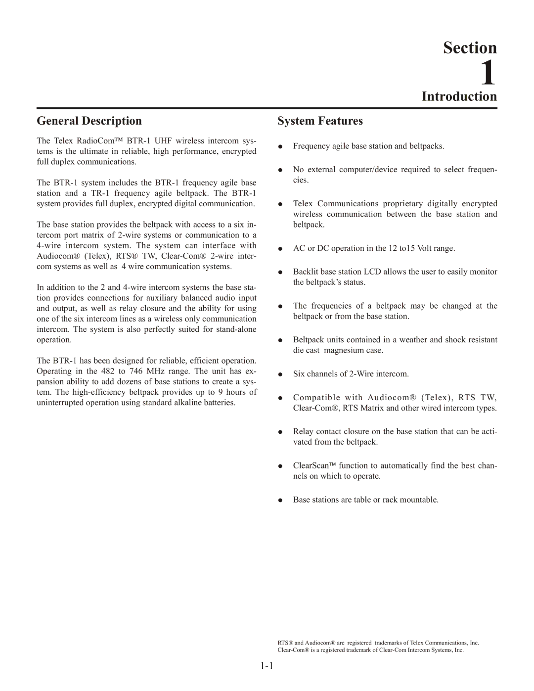 Telex BTR-1 operating instructions Introduction, General Description, System Features 