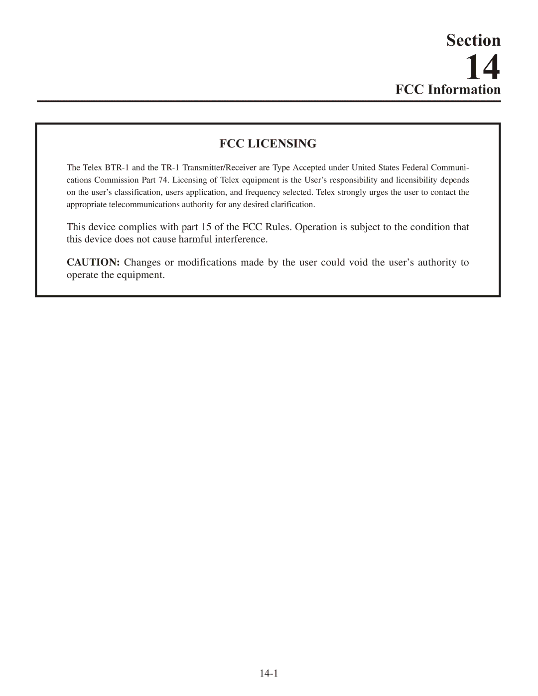 Telex BTR-1 operating instructions FCC Information, FCC Licensing 