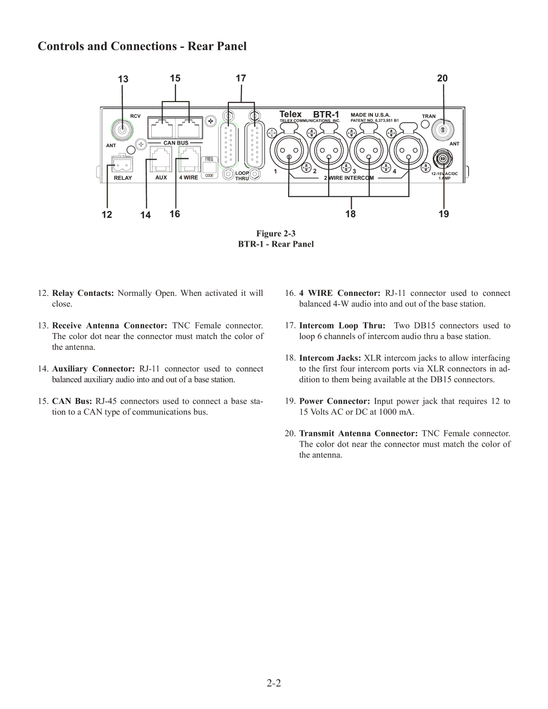 Telex operating instructions Controls and Connections Rear Panel, BTR-1 Rear Panel 