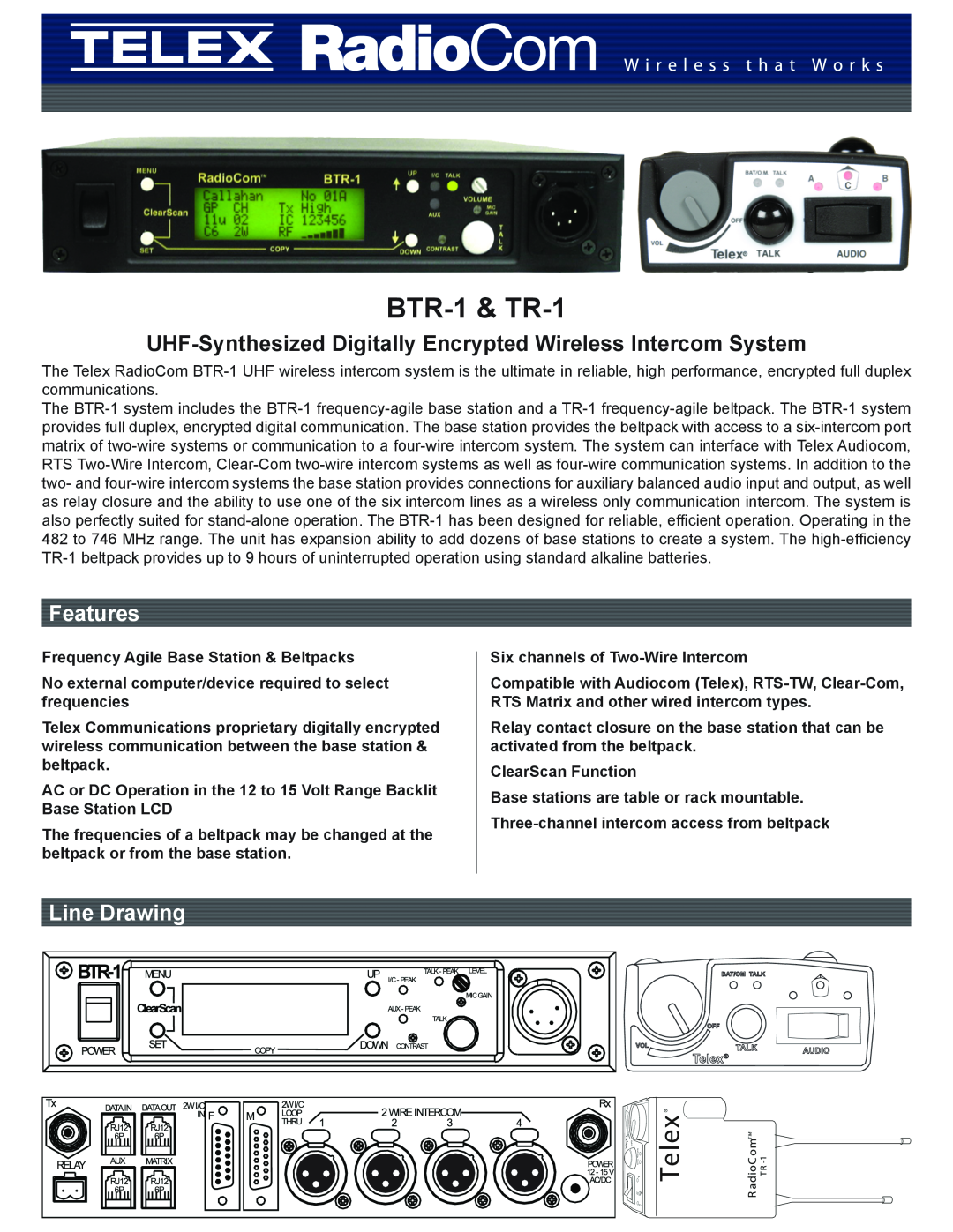 Telex manual BTR-1 & TR-1, UHF-Synthesized Digitally Encrypted Wireless Intercom System, Features, Line Drawing 