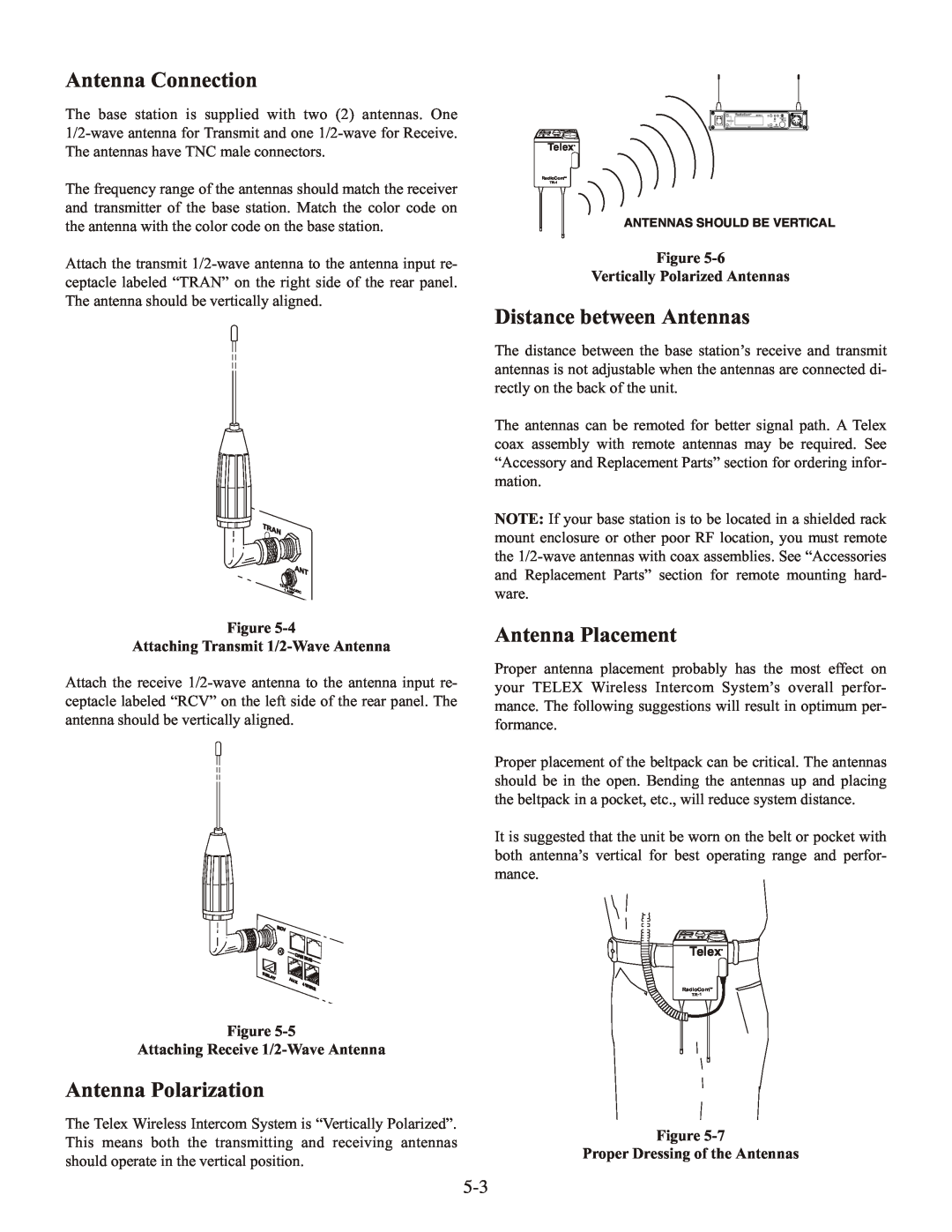 Telex BTR-1 Antenna Connection, Antenna Polarization, Distance between Antennas, Antenna Placement 