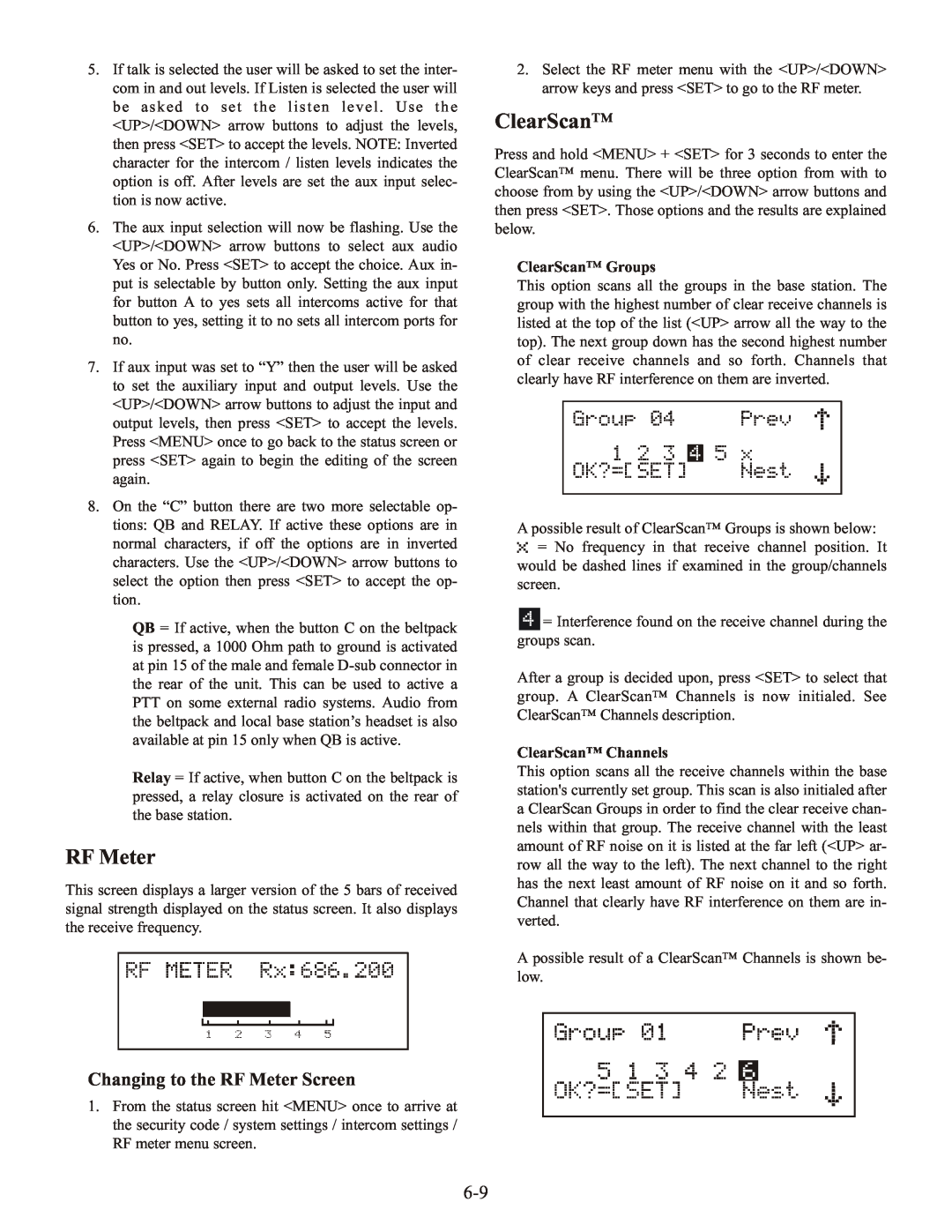 Telex BTR-1 operating instructions Changing to the RF Meter Screen, ClearScan Groups, ClearScan Channels 