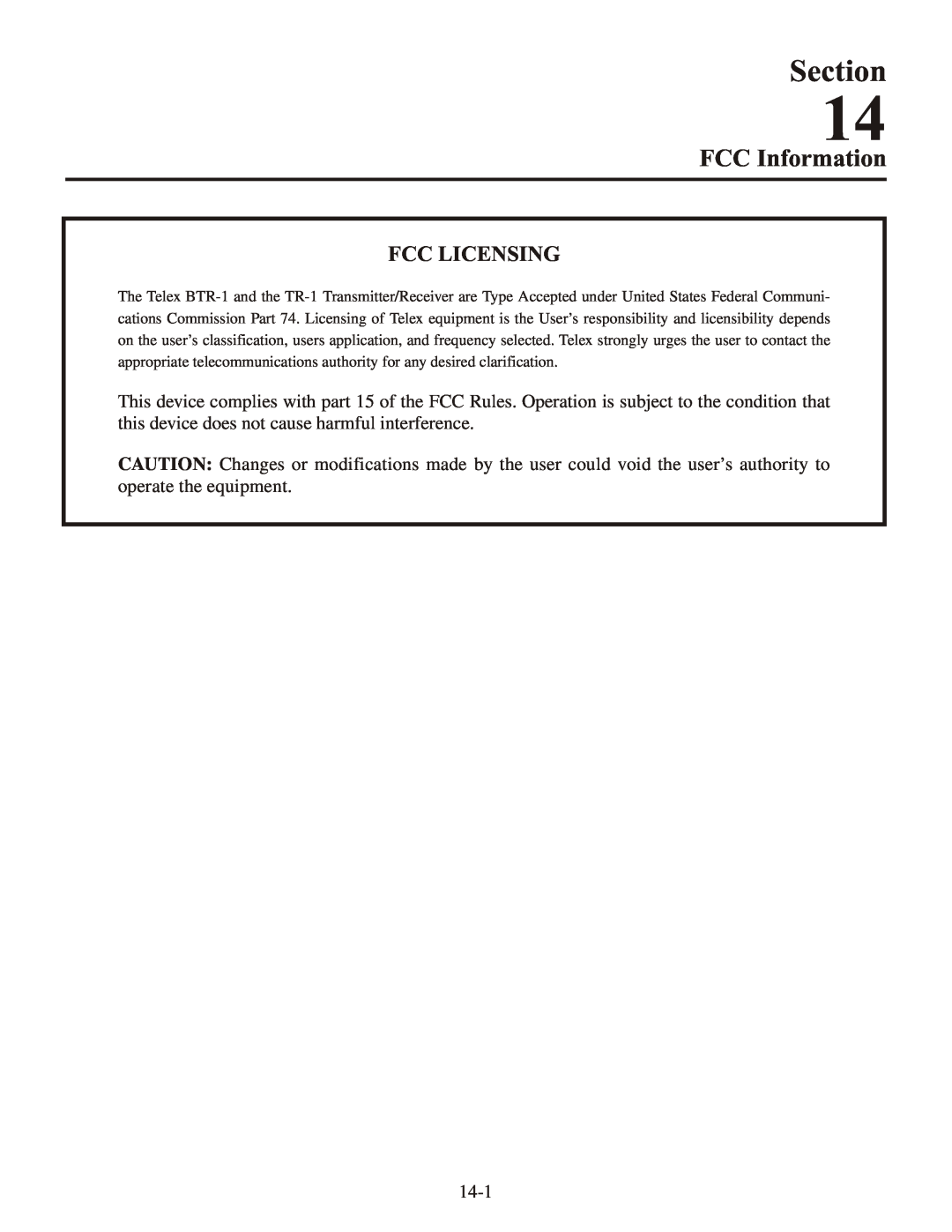 Telex BTR-1 operating instructions FCC Information, Fcc Licensing, Section 