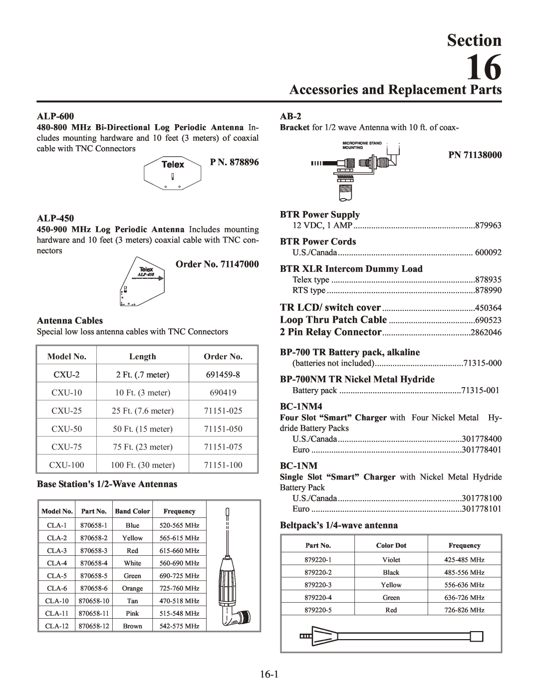 Telex BTR-1 operating instructions Accessories and Replacement Parts, Section 